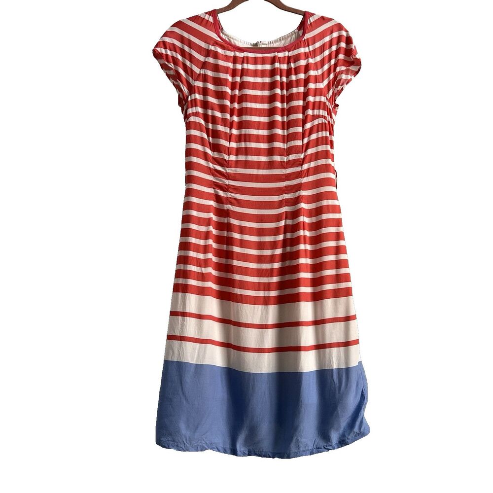Boden Striped Cap Sleeve Fit and Flare Dress Blue Pink White Pastel Spring Sz 4